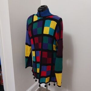 Vintage Sweater Multicolor Pompom Size Large Pullover Colorblock By Cervelle